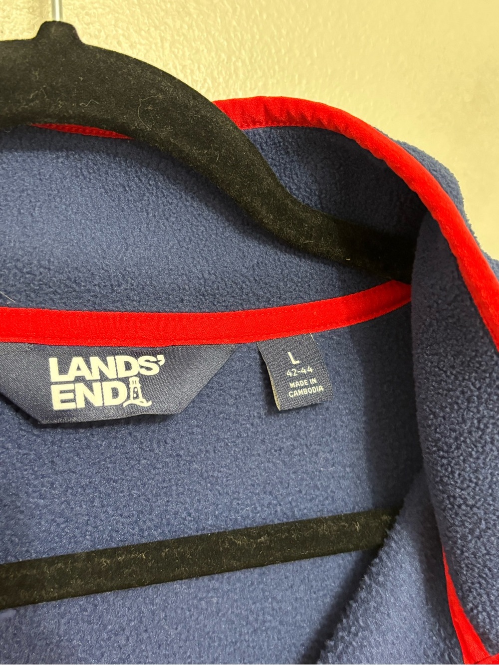 Lands End Men’s T-Snap Fleece Pullover in Navy Blue with Red Trim - Size L - Picture 4 of 8